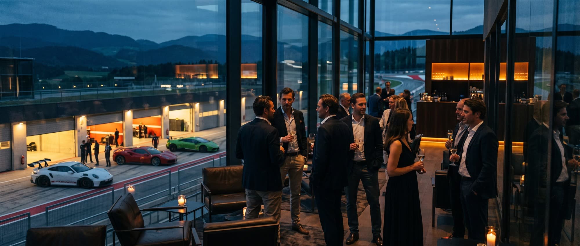 Evening reception in a lounge overlooking the pit lane